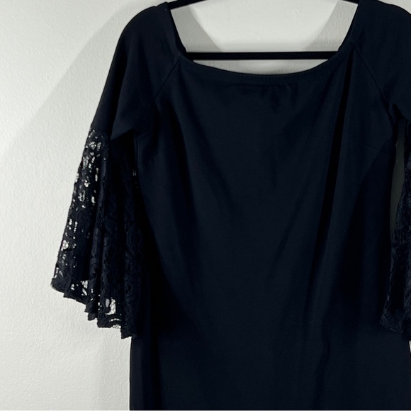 BAR III Women’s Size L Black Midi Dress Lace Bell Sleeves - Picture 2 of 7